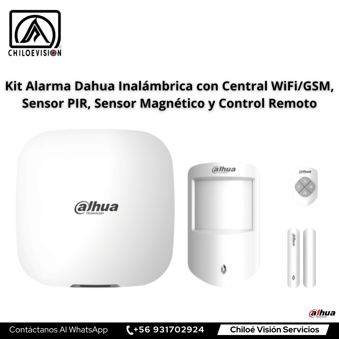 Kit Alarma Dahua Inalámbrica con Central WiFi/GSM, Sensor PIR, Sensor Magnético y Control Remoto – Instalación en Chiloé