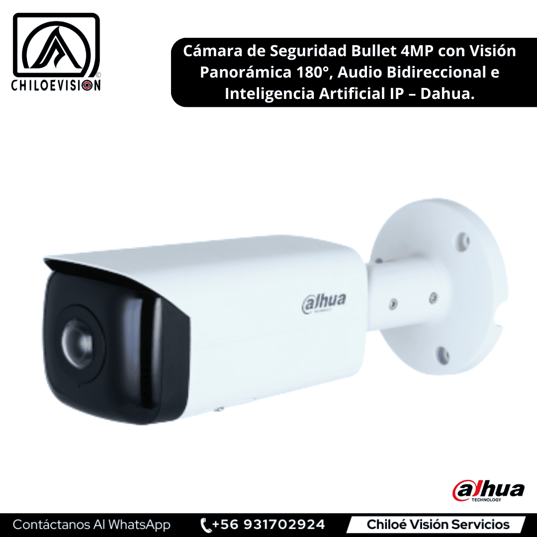 Cámara de Seguridad IP Tipo Bala de 4MP con Visión Panorámica 180°, Audio Bidireccional e Inteligencia Artificial en Chiloe